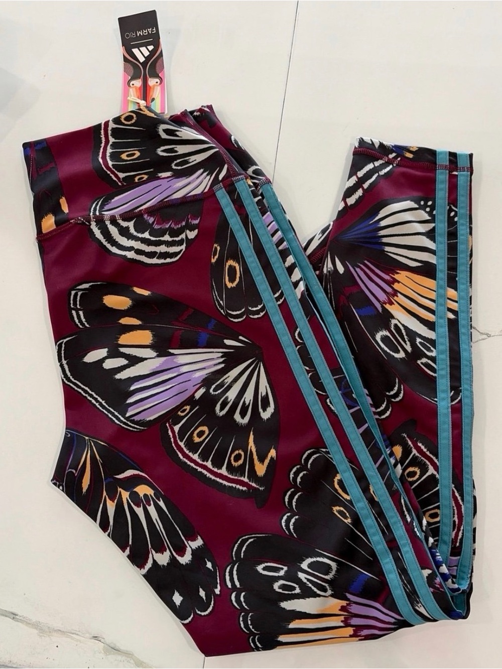 FARM Rio Burgundy Butterfly Print Leggings with Teal Stripes